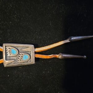Sterling Silver & Turquoise Bolo Tie Southwestern Navajo Bear Paw Design
